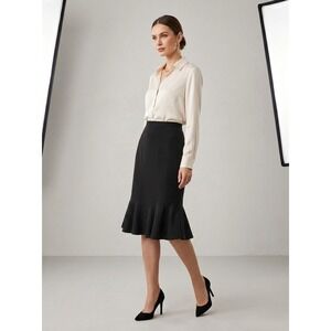 Jones New York Midi Skirt Women Black Pleated Flounc Hem Mermaid Ribbed Textur 6